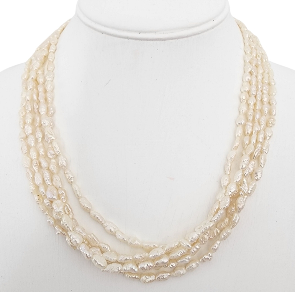Pearl necklace multi strand genuine rice pearls sterling silver clasp K120 -Q3